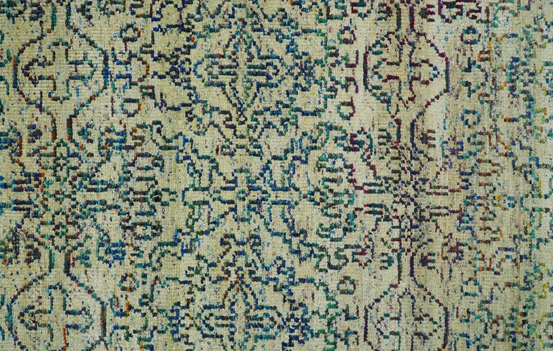Antique 8x10 Hand Knotted Camel, Ivory and Blue Persian made of Recycled Silk Area Rug | OP33 - The Rug Decor