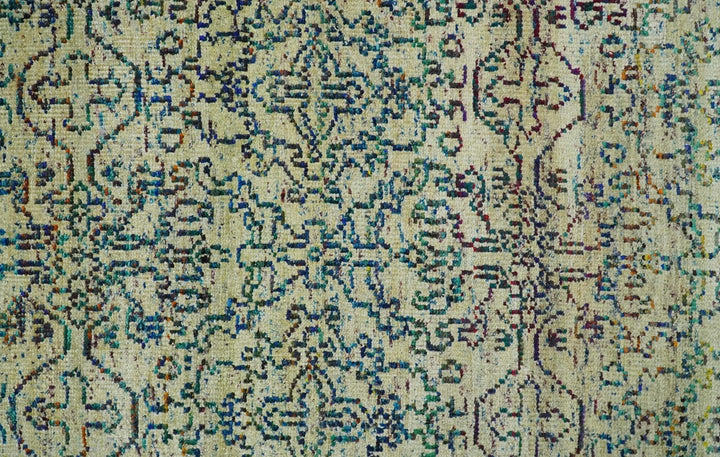 Antique 8x10 Hand Knotted Camel, Ivory and Blue Persian made of Recycled Silk Area Rug | OP33 - The Rug Decor