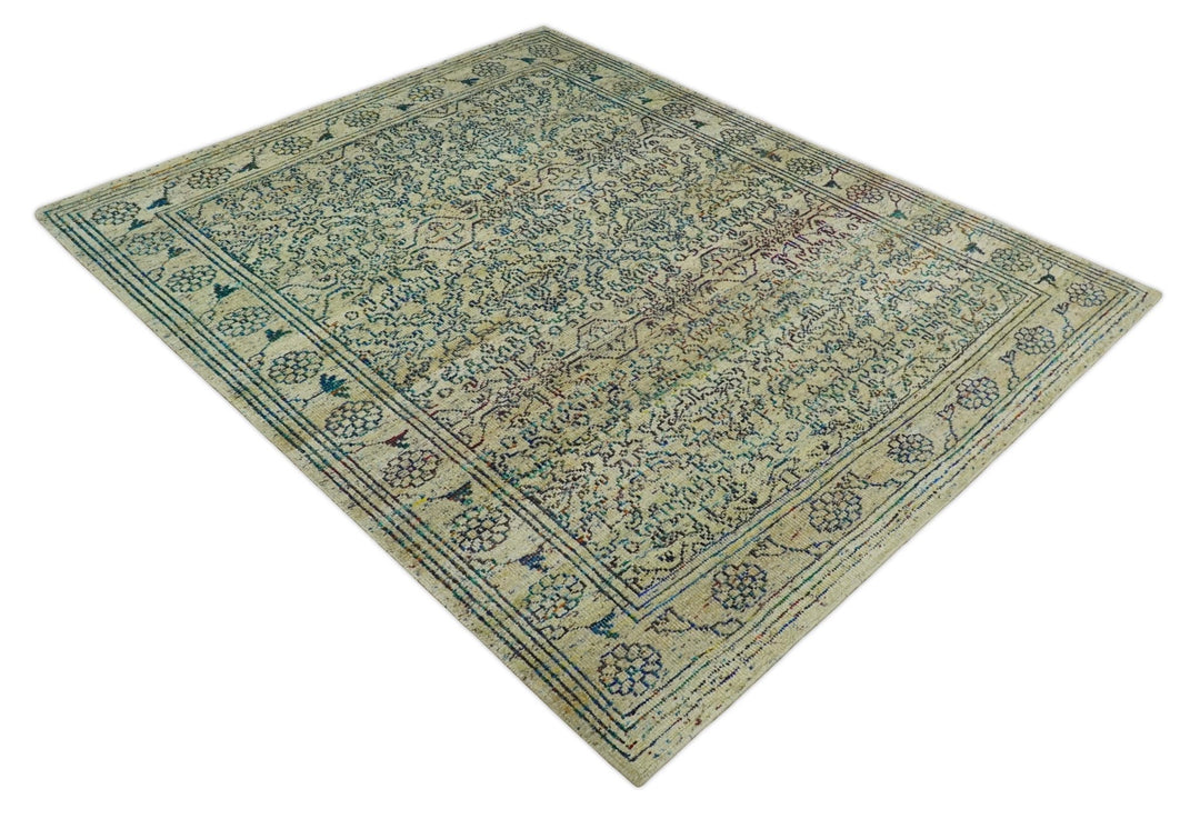 Antique 8x10 Hand Knotted Camel, Ivory and Blue Persian made of Recycled Silk Area Rug | OP33 - The Rug Decor