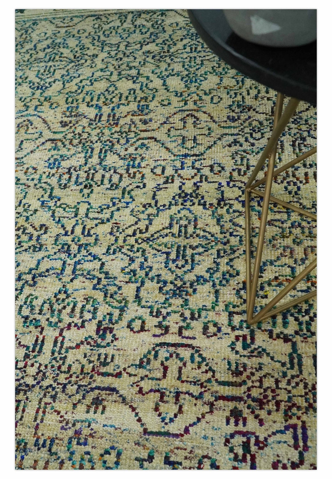 Antique 8x10 Hand Knotted Camel, Ivory and Blue Persian made of Recycled Silk Area Rug | OP33 - The Rug Decor