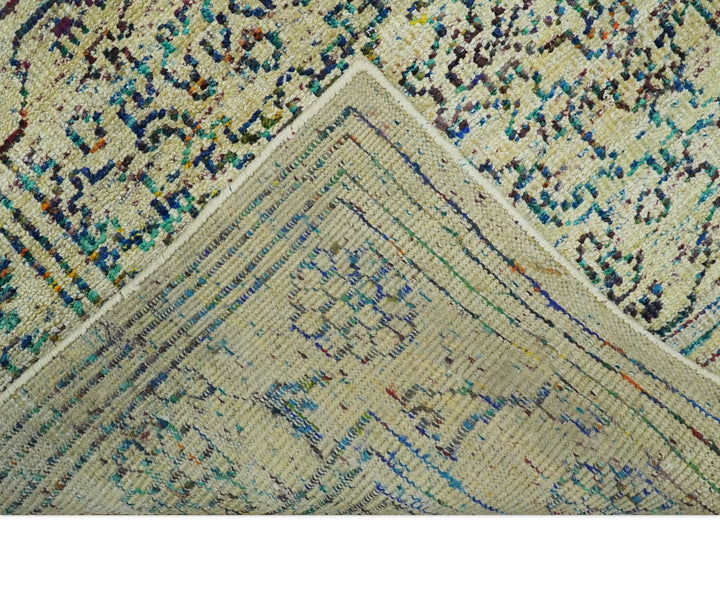 Antique 8x10 Hand Knotted Camel, Ivory and Blue Persian made of Recycled Silk Area Rug | OP33 - The Rug Decor