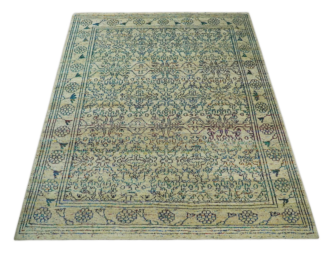 Antique 8x10 Hand Knotted Camel, Ivory and Blue Persian made of Recycled Silk Area Rug | OP33 - The Rug Decor