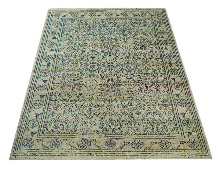 Antique 8x10 Hand Knotted Camel, Ivory and Blue Persian made of Recycled Silk Area Rug | OP33 - The Rug Decor
