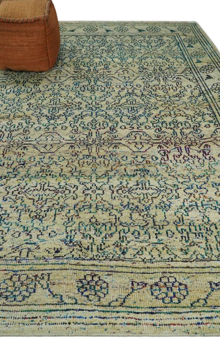 Antique 8x10 Hand Knotted Camel, Ivory and Blue Persian made of Recycled Silk Area Rug | OP33 - The Rug Decor