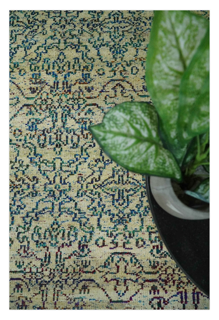 Antique 8x10 Hand Knotted Camel, Ivory and Blue Persian made of Recycled Silk Area Rug | OP33 - The Rug Decor