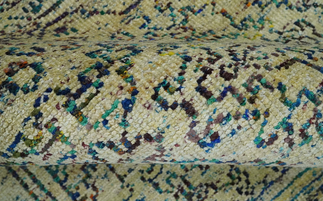 Antique 8x10 Hand Knotted Camel, Ivory and Blue Persian made of Recycled Silk Area Rug | OP33 - The Rug Decor