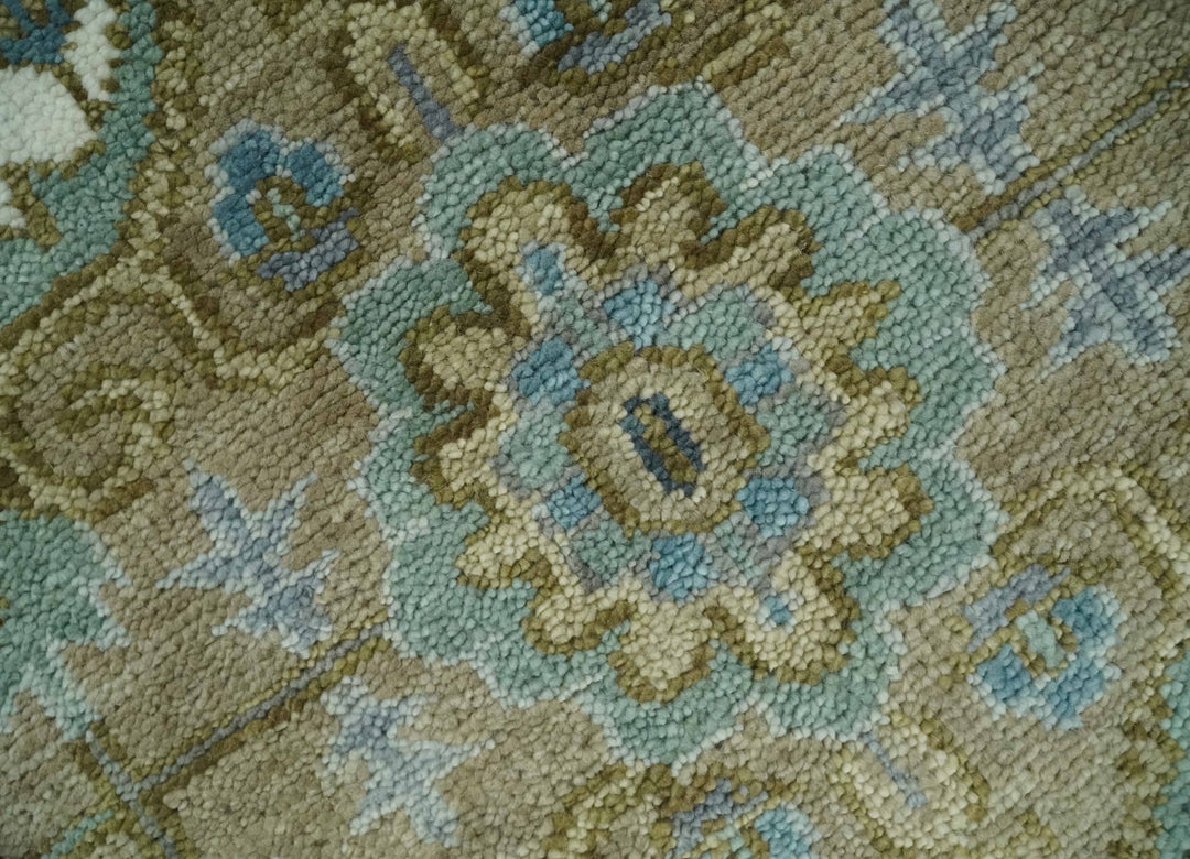Antique 9x12 Camel, Blue and Ivory Hand Knotted Traditional Heriz Serapi Wool Rug | TRDCP929912 - The Rug Decor