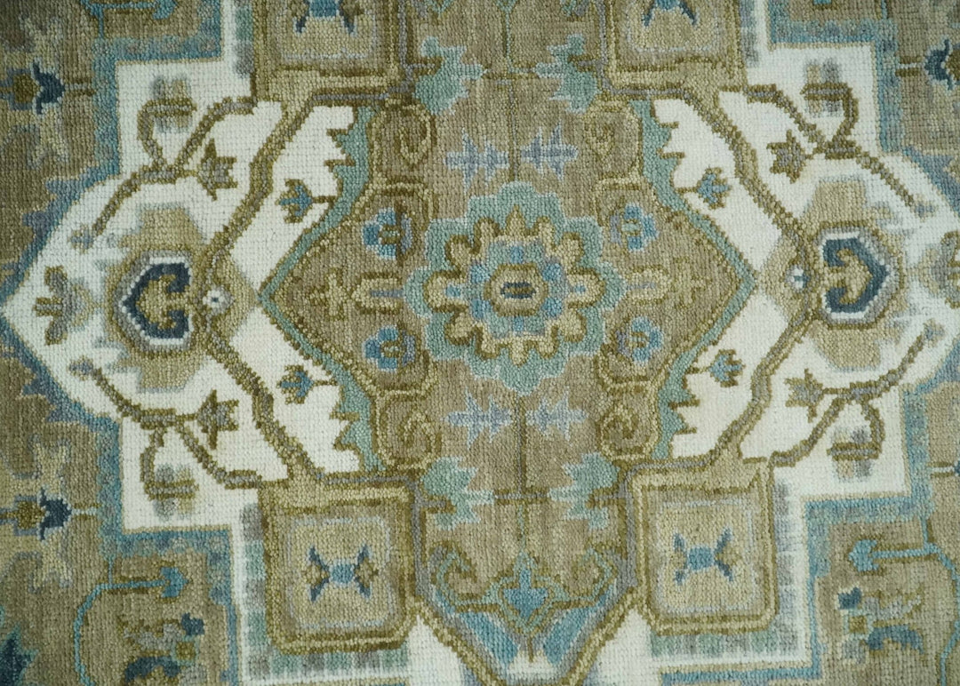 Antique 9x12 Camel, Blue and Ivory Hand Knotted Traditional Heriz Serapi Wool Rug | TRDCP929912 - The Rug Decor