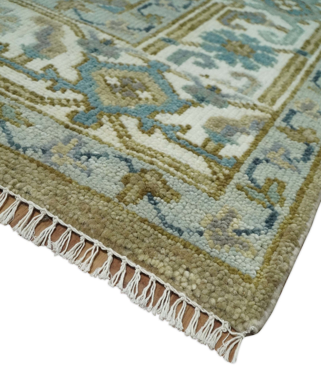 Antique 9x12 Camel, Blue and Ivory Hand Knotted Traditional Heriz Serapi Wool Rug | TRDCP929912 - The Rug Decor