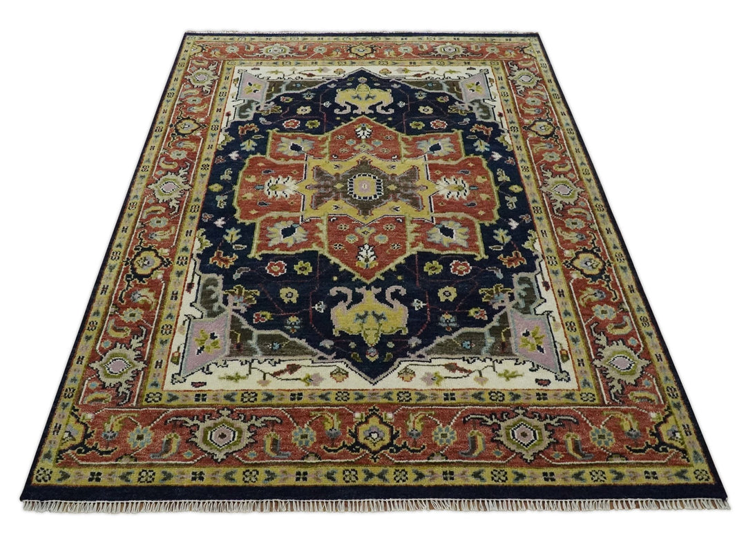 Antique Blue and Rust Hand Knotted 5x8, 6x9, 8x10, 9x12, 10x14 and 12x15 Traditional Vintage Persian Heriz Serapi Wool Rug | TRDCP906 - The Rug Decor