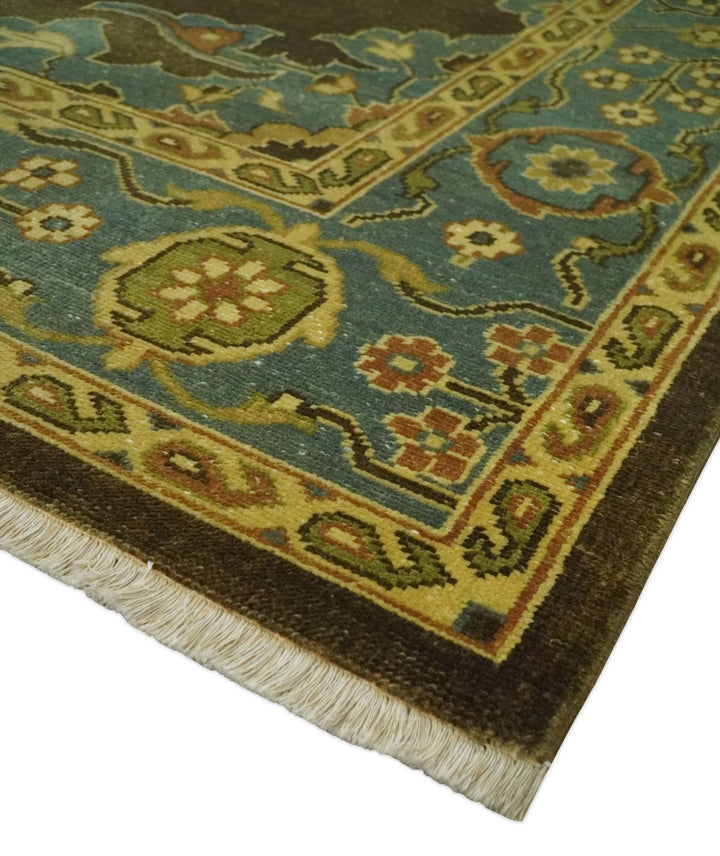 Antique Brown and Blue 8x10 Hand Knotted Heriz Serapi Medallion Area Rug | AC19810 - The Rug Decor