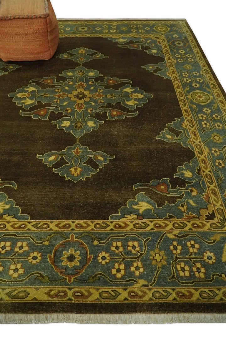 Antique Brown and Blue 8x10 Hand Knotted Heriz Serapi Medallion Area Rug | AC19810 - The Rug Decor