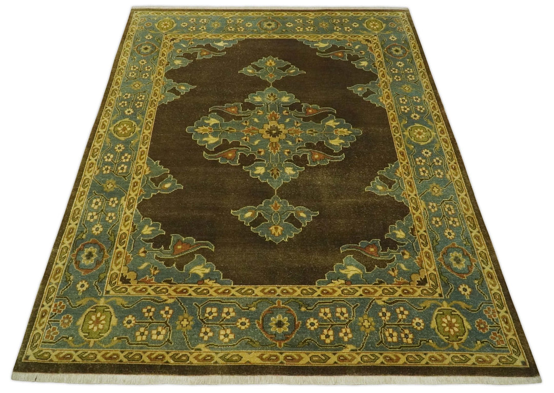 Antique Brown and Blue 8x10 Hand Knotted Heriz Serapi Medallion Area Rug | AC19810 - The Rug Decor