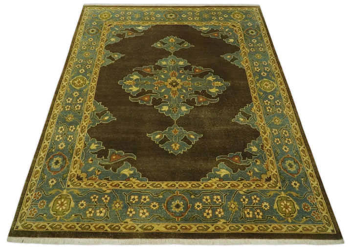 Antique Brown and Blue 8x10 Hand Knotted Heriz Serapi Medallion Area Rug | AC19810 - The Rug Decor