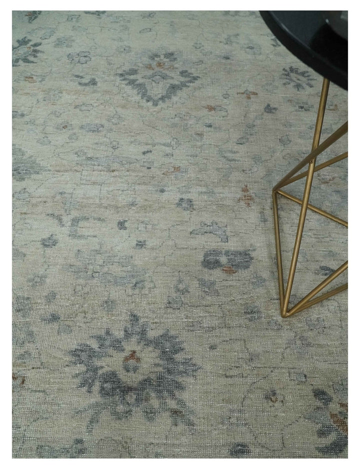 Antique Distressed look Beige and Charcoal Low Pile Multi Size Oushak wool Area Rug - The Rug Decor