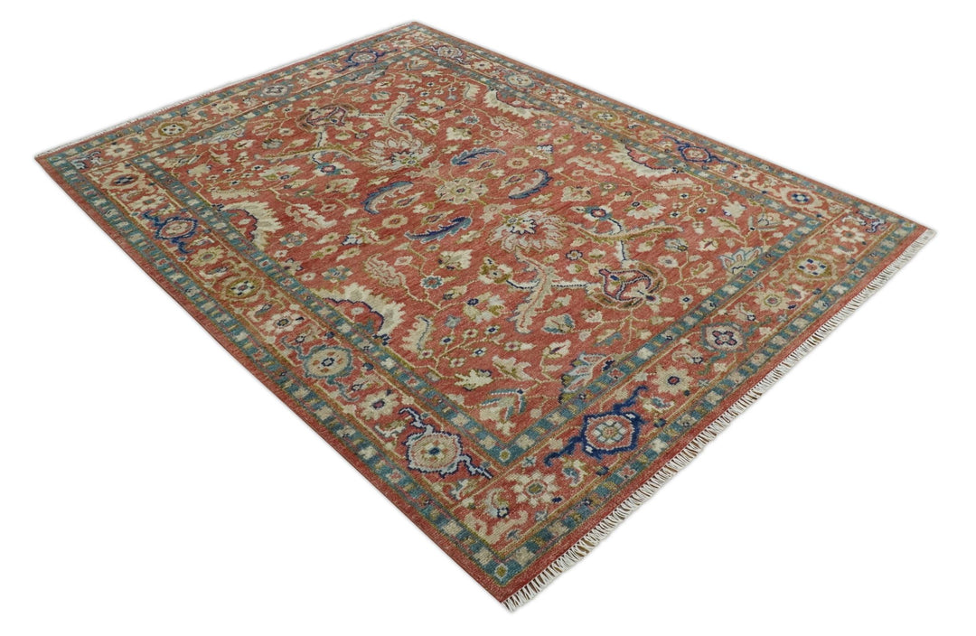 Antique Floral Style Rust, Teal, Ivory and Olive Hand Knotted Oriental Oushak 8x10 Wool Area Rug - The Rug Decor