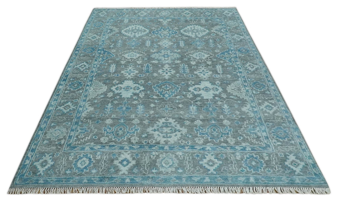 Antique Gray and Blue Hand Knotted 8x10 Oushak Turkish Wool Area Rug | TRD2792 - The Rug Decor