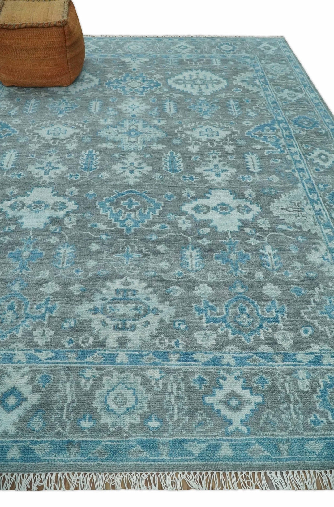 Antique Gray and Blue Hand Knotted 8x10 Oushak Turkish Wool Area Rug | TRD2792 - The Rug Decor