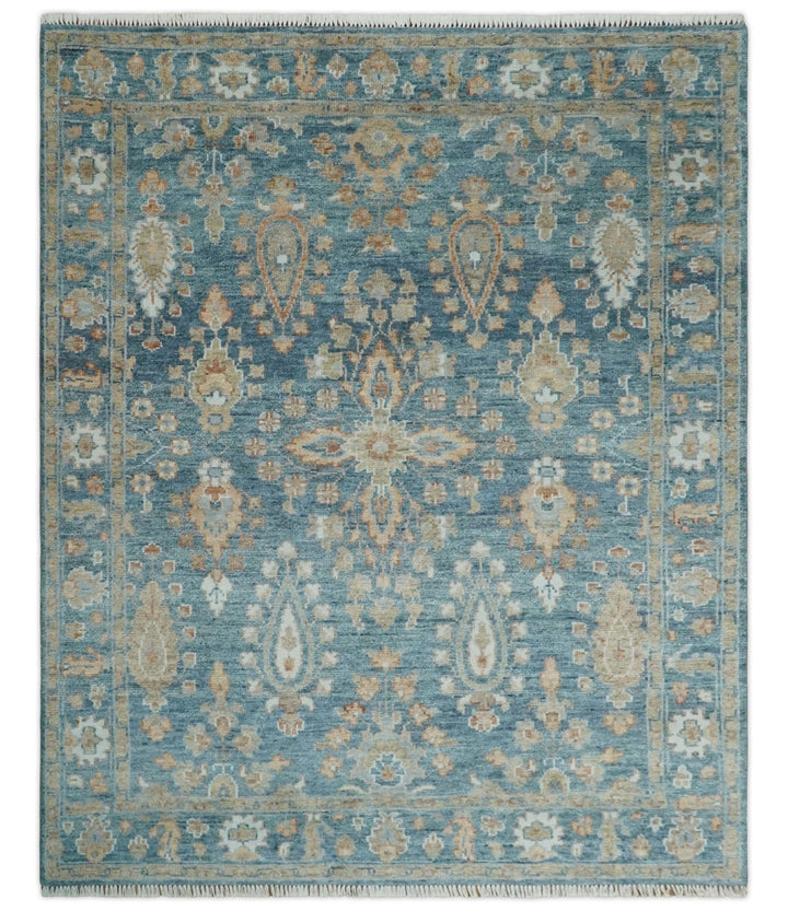 Antique Hand Knotted 8x10 Blue, Beige and Rust Traditional Oushak Wool Rug | TRD2782810S - The Rug Decor