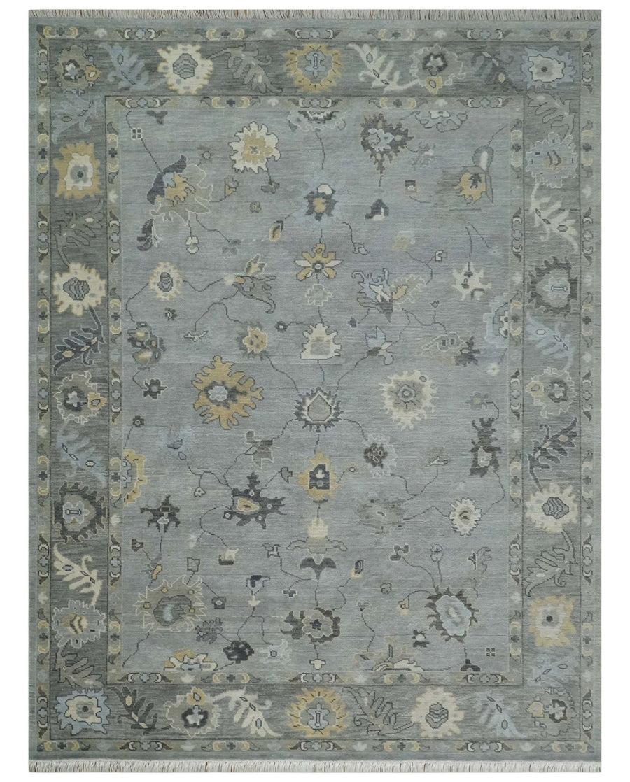 Antique Hand Knotted Silver and Charcoal Traditional Floral Oushak Wool Area Rug - The Rug Decor