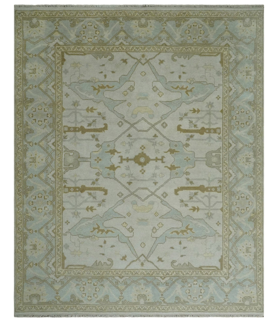Antique Ivory, Silver and Beige Hand Knotted 8x10 Oriental Oushak Wool Area Rug, Living Room Rug | TRDCP1161810 - The Rug Decor