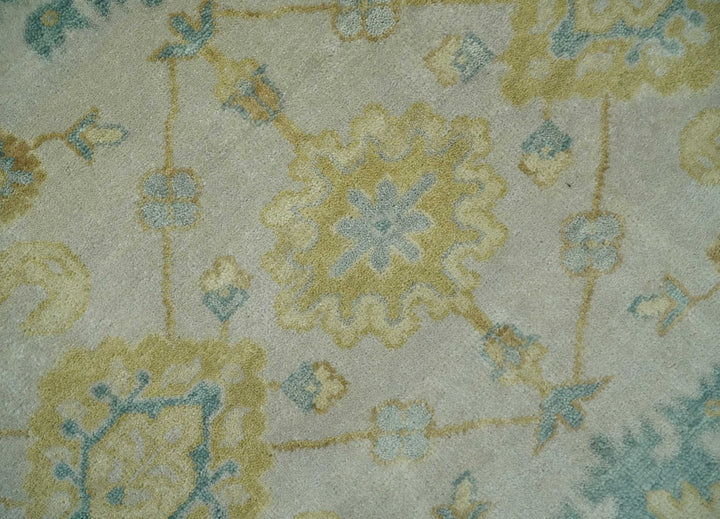 Antique look 8x10 Ivory, Emerald Green and Beige Hand Knotted Oushak Area Rug | TRDCP1196810 - The Rug Decor