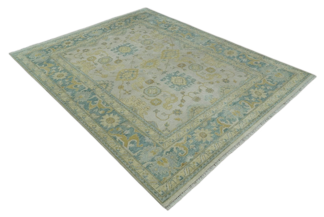Antique look 8x10 Ivory, Emerald Green and Beige Hand Knotted Oushak Area Rug | TRDCP1196810 - The Rug Decor