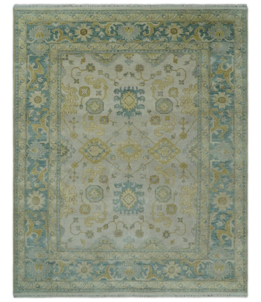 Antique look 8x10 Ivory, Emerald Green and Beige Hand Knotted Oushak Area Rug | TRDCP1196810 - The Rug Decor