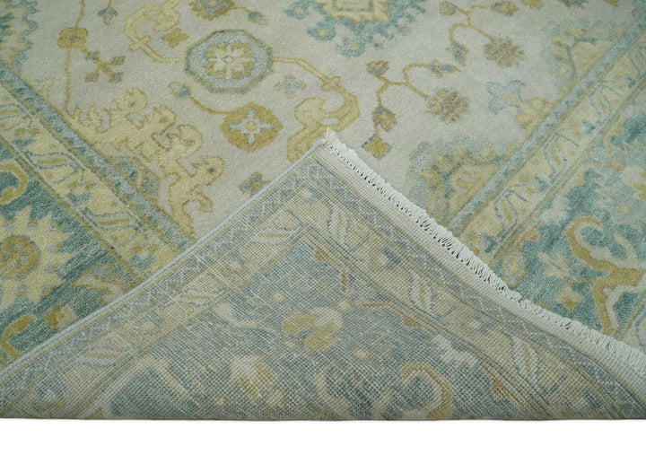 Antique look 8x10 Ivory, Emerald Green and Beige Hand Knotted Oushak Area Rug | TRDCP1196810 - The Rug Decor