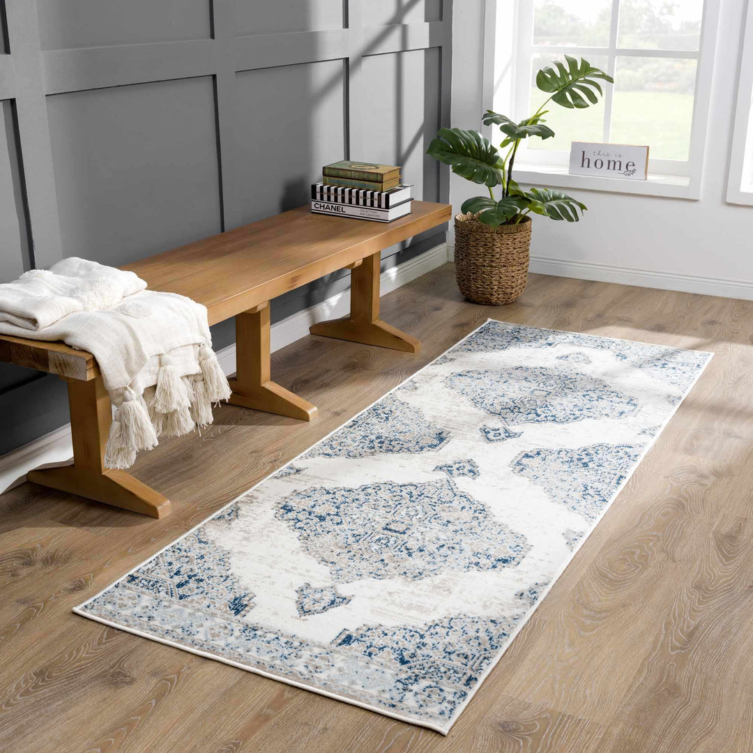 Antique look Beige, Blue and Ivory Traditional Heriz Design Medallion Turkish Area Rug - The Rug Decor
