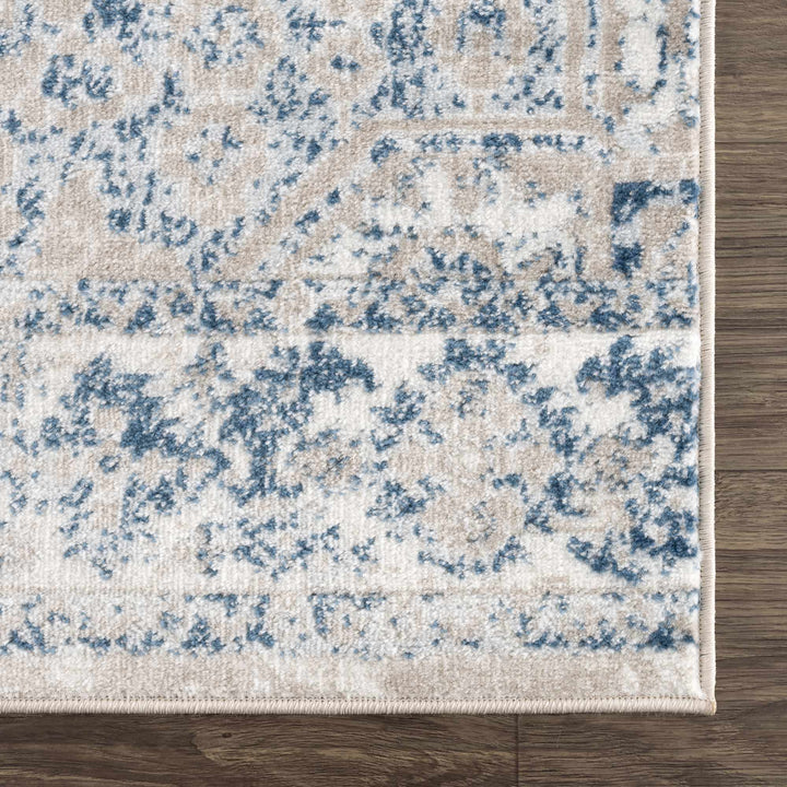 Antique look Beige, Blue and Ivory Traditional Heriz Design Medallion Turkish Area Rug - The Rug Decor