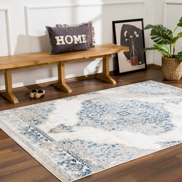 Antique look Beige, Blue and Ivory Traditional Heriz Design Medallion Turkish Area Rug - The Rug Decor