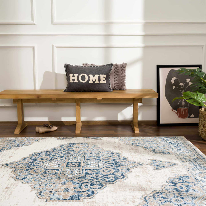Antique look Beige, Blue and Ivory Traditional Heriz Design Medallion Turkish Area Rug - The Rug Decor