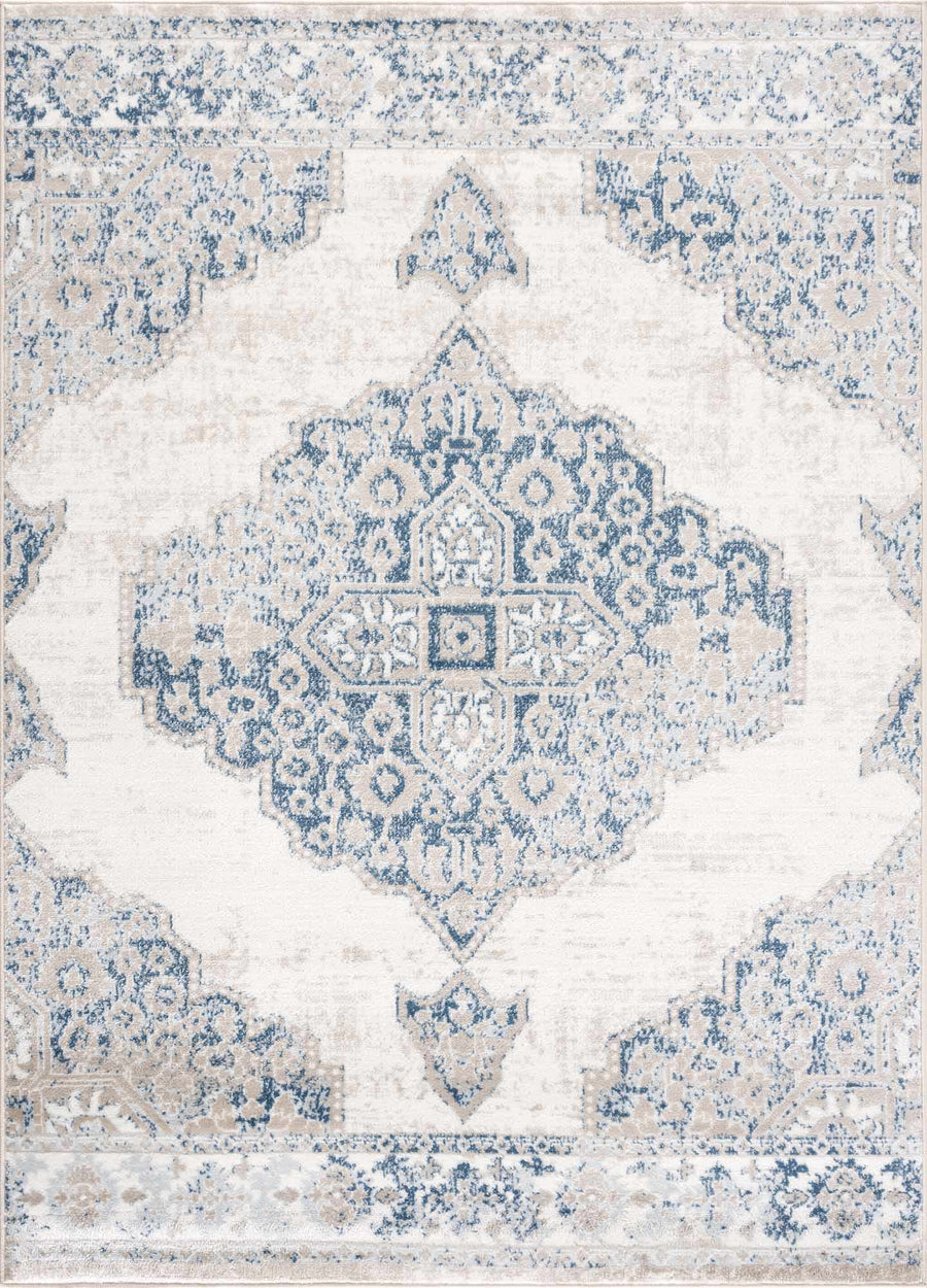 Antique look Beige, Blue and Ivory Traditional Heriz Design Medallion Turkish Area Rug - The Rug Decor