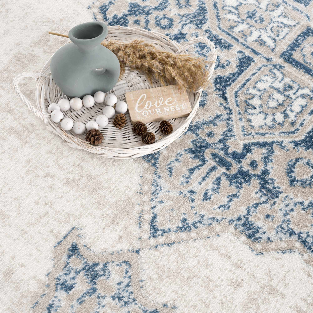 Antique look Beige, Blue and Ivory Traditional Heriz Design Medallion Turkish Area Rug - The Rug Decor