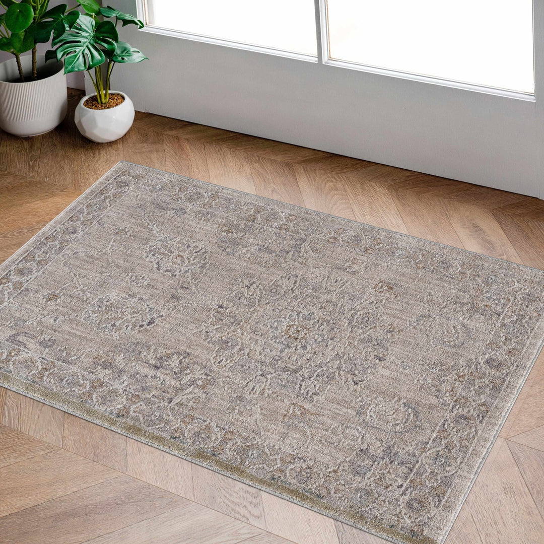 Antique Look Floral Beige and Charcoal Traditional Design Area Rug - The Rug Decor