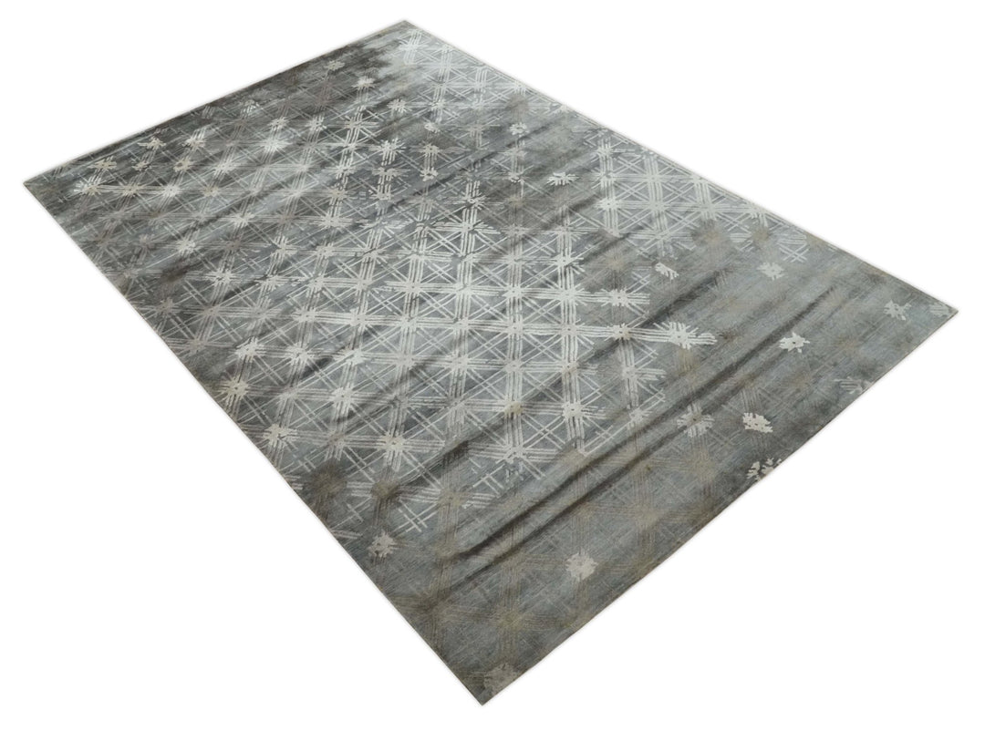 Antique look Gray and Ivory Geometrical Stripes Pattern Hand loom Viscose wool Area Rug - The Rug Decor