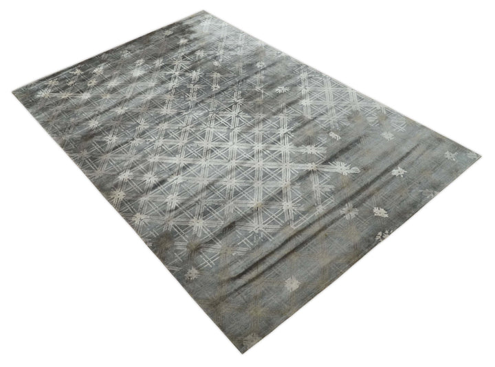 Antique look Gray and Ivory Geometrical Stripes Pattern Hand loom Viscose wool Area Rug - The Rug Decor