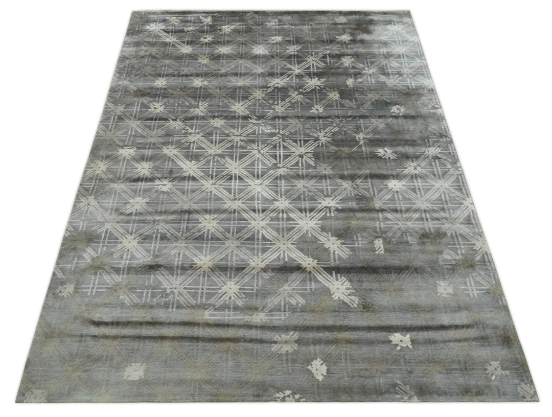 Antique look Gray and Ivory Geometrical Stripes Pattern Hand loom Viscose wool Area Rug - The Rug Decor