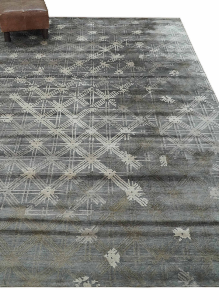 Antique look Gray and Ivory Geometrical Stripes Pattern Hand loom Viscose wool Area Rug - The Rug Decor
