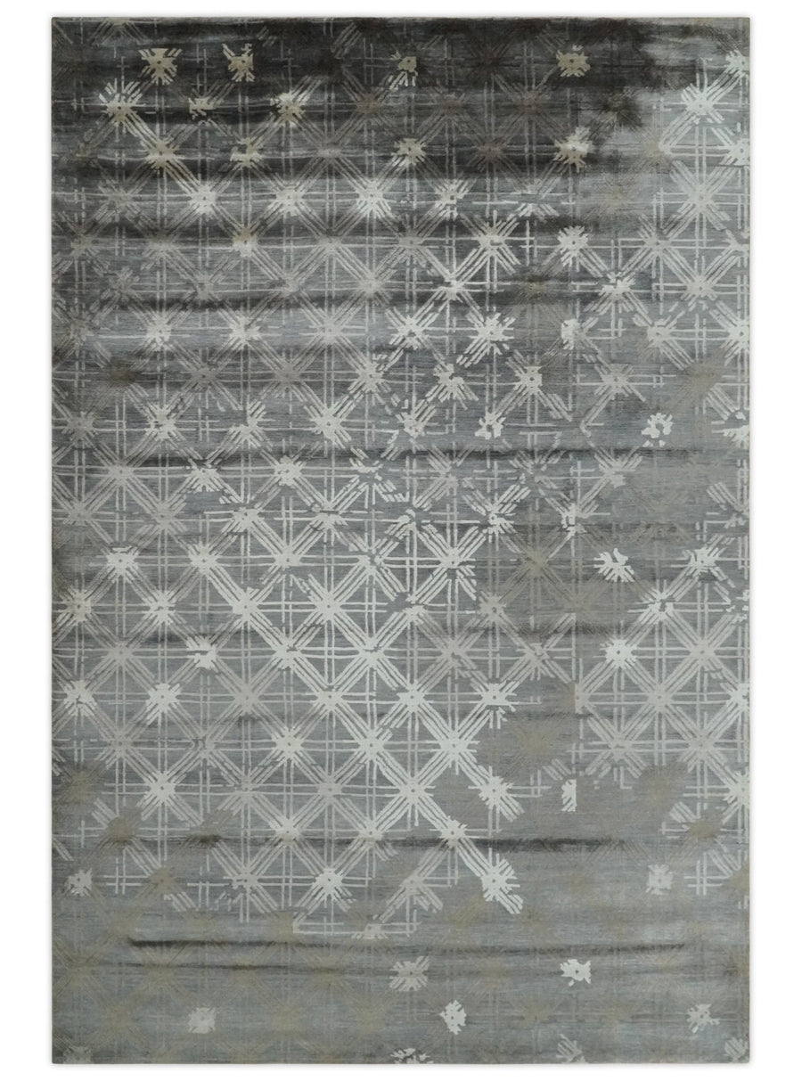 Antique look Gray and Ivory Geometrical Stripes Pattern Hand loom Viscose wool Area Rug - The Rug Decor