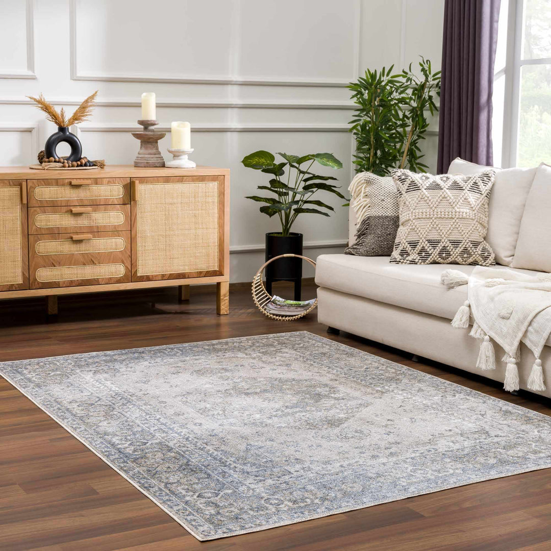 Antique Look Ivory And Blue Medallion Washable Area Rug - The Rug Decor