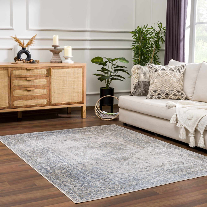 Antique Look Ivory And Blue Medallion Washable Area Rug - The Rug Decor
