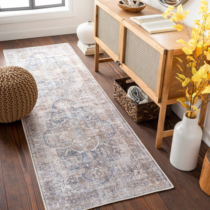Antique look Transitional Charcoal, Ivory and Brown Medallion Machine washable Rug - The Rug Decor