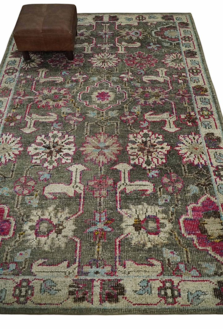 Antique Moss Green 5x8 Hand Knotted Beige and Pink Persian made of Bamboo Silk Area Rug | OP70 - The Rug Decor