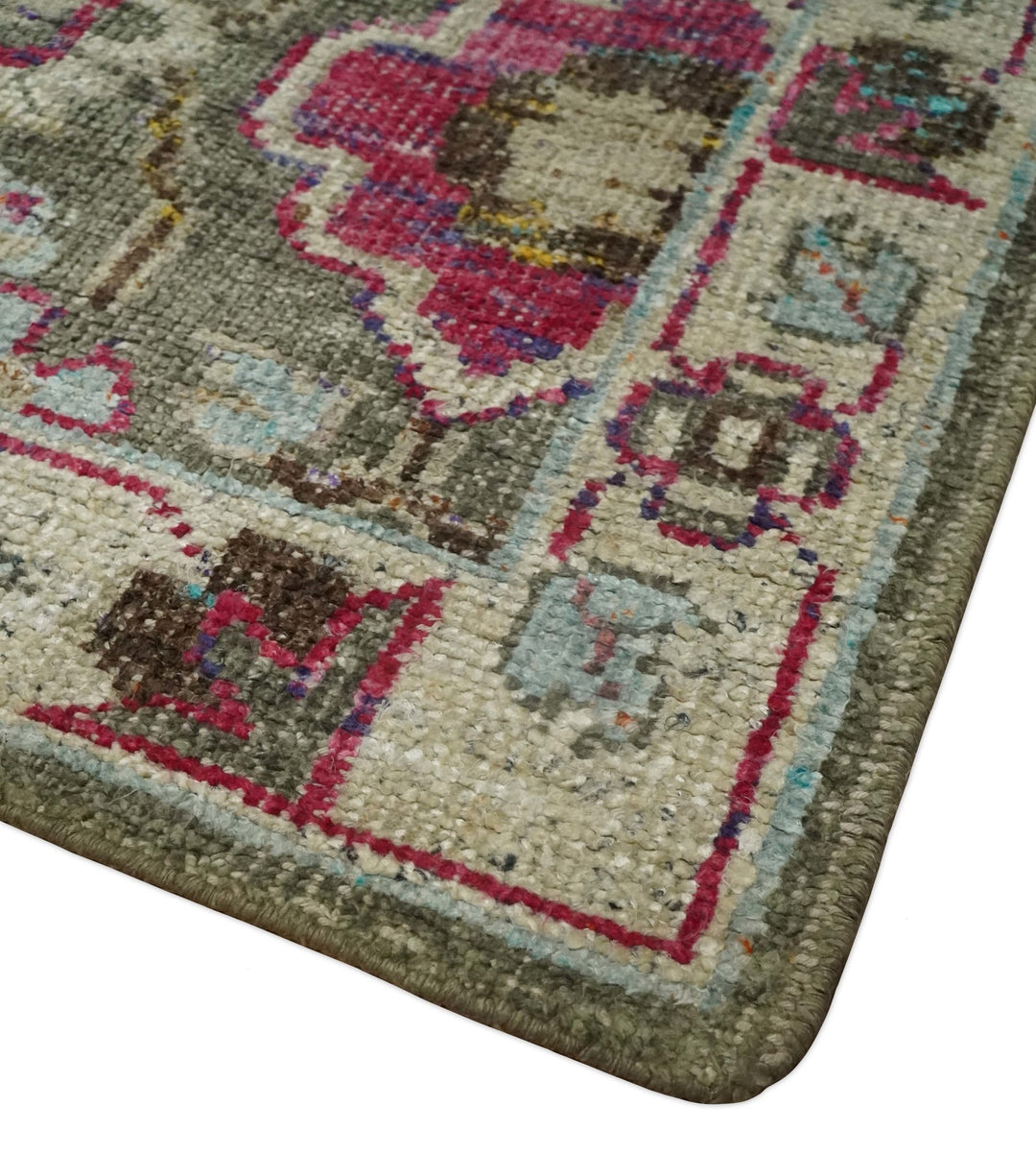 Antique Moss Green 5x8 Hand Knotted Beige and Pink Persian made of Bamboo Silk Area Rug | OP70 - The Rug Decor