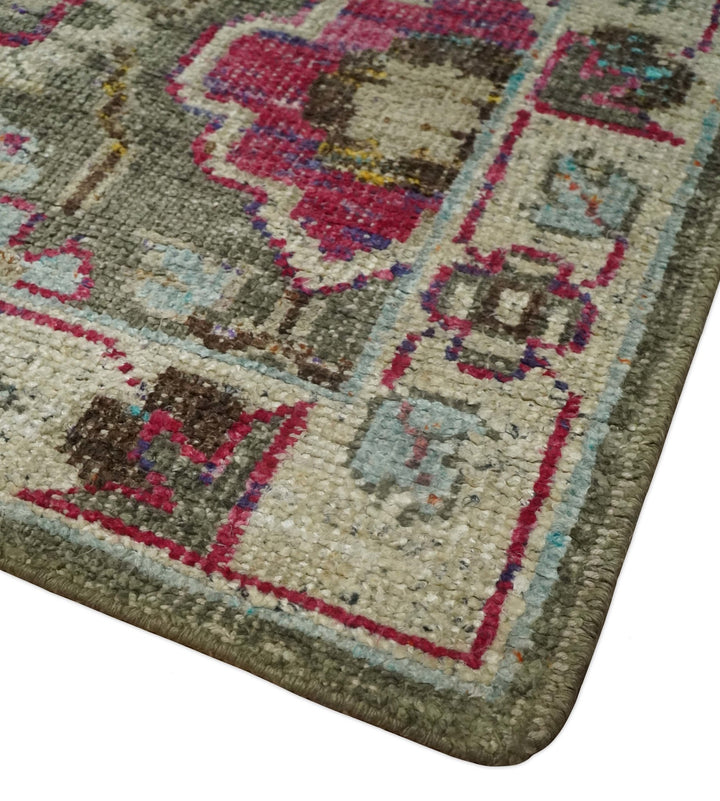 Antique Moss Green 5x8 Hand Knotted Beige and Pink Persian made of Bamboo Silk Area Rug | OP70 - The Rug Decor