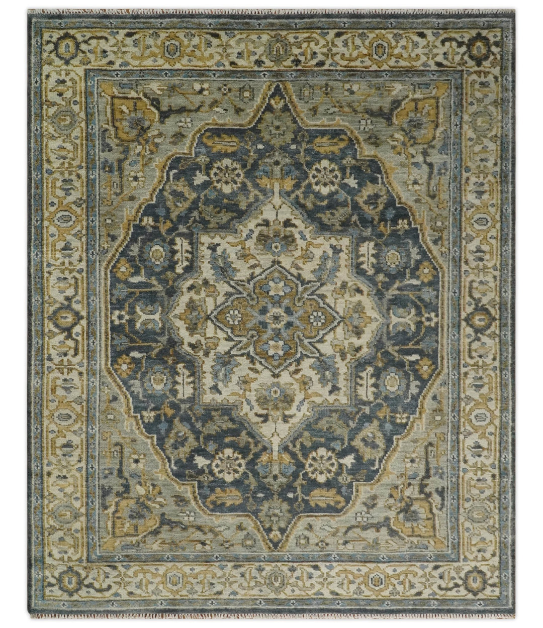 Antique Muted Wool Traditional Blue ,Beige and Brown Hand knotted Persian Serapi Area Rug | TRDCP718 - The Rug Decor