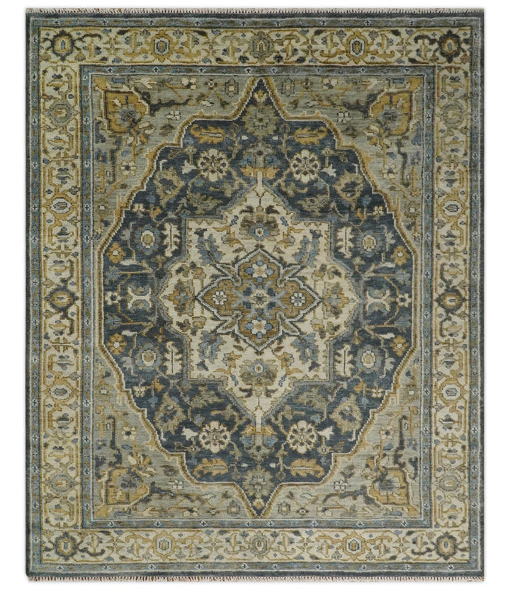 Antique Muted Wool Traditional Blue ,Beige and Brown Hand knotted Persian Serapi Area Rug | TRDCP718 - The Rug Decor