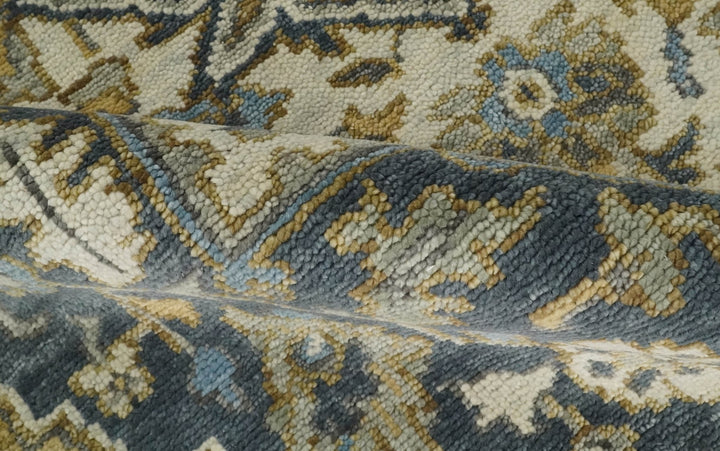 Antique Muted Wool Traditional Blue ,Beige and Brown Hand knotted Persian Serapi Area Rug | TRDCP718 - The Rug Decor